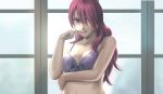  1girl akatsuki_hikaru_(ryt3c7lwrcc083y) black_bra bra breasts cleavage finger_to_mouth hair_over_one_eye kirijou_mitsuru lace lace_bra long_hair looking_at_viewer persona persona_3 red_eyes red_hair underwear window 