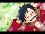  1boy arm_behind_head black_hair close-up closed_eyes commentary_request hat letterboxed lying male_focus monkey_d._luffy on_back on_grass one_piece open_mouth red_shirt scar scar_on_face shirt short_hair smile solo straw_hat yoru_(_ichiya_07) 