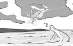 2024 anthro beverage bikini bikini_bottom black_and_white bottle clothing container dinosaur drinking feathered_wings feathers feet female gloves hair handwear hi_res jacket_ignites jetski life_jacket long_hair midair monochrome navel outside pterodactylus pterosaur reptile scalie short_tail sketch snoot_game snout solo swimwear tail toes tusk_(snoot_game) water wings