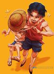  2boys anger_vein black_eyes black_hair blue_shorts child english_commentary freckles hat highres instagram_username looking_at_another male_focus monkey_d._luffy multiple_boys one_piece orange_background portgas_d._ace red_tank_top sandals short_hair shorts simple_background straw_hat tank_top twitter_username vanxllavina white_tank_top 