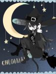  aida_(aidia) black_dress black_footwear black_hair black_headwear broom broom_riding cat_tail chest_belt chlomaki_(wadanohara) crescent_moon dress fang funamusea gown hat hat_belt hat_tip hat_with_ears long_hair long_sleeves messy_hair moon night night_sky one_eye_closed oounabara_to_wadanohara sky star_(symbol) tail witch witch_hat 