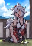  1girl animal_ears breasts cleavage coffeelove68 collarbone fang hat highres inubashiri_momiji knife large_breasts looking_at_viewer open_mouth pom_pom_(clothes) red_eyes short_hair silver_hair skin_fang solo tagme tail tokin_hat touhou wolf_ears wolf_tail 