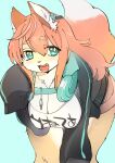  2019 anthro bent_over big_breasts biped blush breasts canid canine cleavage clothed clothing dipstick_tail female fox front_view fur gradient_background green_eyes hair inner_ear_fluff jacket kemono long_hair looking_at_viewer mammal multicolored_tail nipple_outline open_mouth open_smile orange_body orange_fur portrait pupils red_hair simple_background slit_pupils smile solo tanu-tan three-quarter_portrait topwear tuft white_pupils 