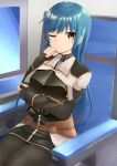  1girl aya_mizunami black_pantyhose blue_hair breasts closed_mouth fingerless_gloves gloves highres long_hair looking_at_viewer maria_traydor one_eye_closed pantyhose sitting skirt solo star_ocean star_ocean_till_the_end_of_time 
