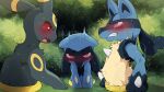  3boys animal_ears blush clenched_teeth commentary crying crying_with_eyes_open dagasi fang heart heart-shaped_pupils highres lucario male_focus multiple_boys open_mouth parted_lips pokemon pokemon_(creature) red_eyes riolu symbol-shaped_pupils tears teeth trembling umbreon 