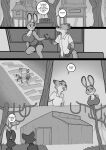 anthro biped breasts canid canine clothed clothing comic countershade_face countershading dialogue disney duo english_text female fox freckles_(artist) judy_hopps lagomorph leporid male mammal monochrome nick_wilde open_mouth plant rabbit speech_bubble tail text tree zootopia