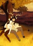 after_transformation anthro areola blue_eyes breasts brown_eyes brown_hair colored comic cuddling deer english_text facial_hair female forest genitals group hair halcy0n hi_res hooves male mammal mustache nipples plant satyr text tree trio