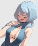  1girl ako_(blue_archive) ako_(dress)_(blue_archive) bare_shoulders blue_archive blue_dress blue_hair blush bracelet breasts cleavage closed_eyes dress hair_between_eyes hairband halo jewelry large_breasts medium_hair open_mouth sideboob skeptycally smile solo 