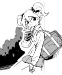  1girl against_wall bag bush cardigan collared_shirt cup disposable_cup drinking drinking_straw hair_between_eyes holding holding_cup laika_(sunafuki_tabito) lightning_bolt_symbol long_sleeves looking_to_the_side monochrome original school_bag school_uniform scrunchie shirt shoulder_bag sketch skirt solo sunafuki_tabito twintails 