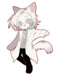  1boy :3 absurdres animal_ears black_pants blue_eyes blush_stickers bright_pupils cat_boy cat_ears cat_tail chinese_commentary colored_eyelashes commentary_request fang full_body furrification furry furry_male grey_shirt highres kanou_aogu lab_coat long_sleeves male_focus open_mouth outline pants pawpads red_outline saibou_shinkyoku shirt short_hair smile solo tail white_pupils yiquan_(xinjinjumin0562607) 