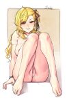  1girl blonde_hair completely_nude cum cum_in_pussy feet highres hololive hololive_indonesia kaela_kovalskia legs legs_together long_hair looking_at_viewer nipples nude pussy rat_huang red_eyes simple_background smile solo sweat virtual_youtuber 