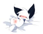 2016 bed_sheet bedding black_ears blush bodily_fluids canid canine deaic female feral fur genital_fluids genitals kemono lying mammal on_back one_eye_closed pussy solo white_body white_fur