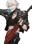  1boy bishounen blue_eyes devil_bringer devil_may_cry_(series) devil_may_cry_4 electric_guitar guitar highres hood instrument jacket jewelry looking_at_viewer male_focus necklace nero_(devil_may_cry) simple_background solo white_hair 