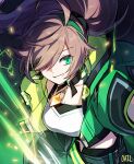 1girl ahoge artist_name breasts brown_hair choker collarbone crop_top cropped_jacket elsword gembliss_(elsword) glint green_eyes green_jacket grin hair_over_one_eye hairband jacket jewelry lithia_beryl_(elsword) long_hair ohil_(ohil822) open_clothes open_jacket ponytail smile solo 