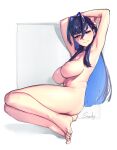  1girl armpits arms_up ass blue_eyes blue_hair breasts colored_inner_hair completely_nude feet hair_intakes highres hololive hololive_english large_breasts light_smile long_hair looking_at_viewer multicolored_hair nipples nude ouro_kronii rat_huang simple_background solo virtual_youtuber white_background 