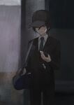  1boy bag black_headwear black_jacket black_pants brown_eyes collared_shirt danganronpa_(series) danganronpa_v3:_killing_harmony fu_ga_(vivi912912) grin hair_between_eyes highres holding holding_phone jacket looking_down male_focus monokuma necktie official_alternate_costume pants phone saihara_shuichi shirt short_hair shoulder_bag smile solo striped_necktie teeth 