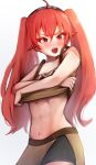  1girl abs absurdres ahoge bare_arms bare_shoulders black_hairband blush brown_shirt brown_shorts cowboy_shot cropped_shirt eris_greyrat hair_between_eyes hairband highres kaneko_ryou long_hair looking_at_viewer mushoku_tensei navel open_mouth red_eyes red_hair shirt shorts simple_background solo teeth twintails undressing upper_teeth_only white_background 