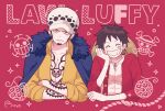  2boys arm_tattoo black_hair blue_coat character_name closed_eyes coat commentary_request crossed_arms earrings facial_hair fur_collar goatee hand_on_own_cheek hand_on_own_face hand_tattoo hat jewelry looking_at_viewer male_focus micyomon monkey_d._luffy multiple_boys one_piece open_clothes open_shirt red_shirt scar scar_on_chest scar_on_face shirt short_hair sideburns signature smile straw_hat tattoo trafalgar_law upper_body yellow_eyes yellow_shirt 
