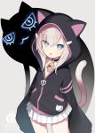  1girl animal_ears animal_hood black_jacket blush capriccio cat_ears cat_hood cat_tail character_request check_character chestnut_mouth collarbone commentary_request fake_animal_ears grey_background grey_eyes hair_between_eyes hood hood_up hooded_jacket jacket league_of_legends light_brown_hair long_sleeves looking_at_viewer original parted_lips pleated_skirt puffy_long_sleeves puffy_sleeves simple_background skirt sleeves_past_fingers sleeves_past_wrists tail vex_(league_of_legends) white_skirt 