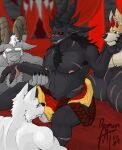 absurd_res anthro black_body black_fur bodily_fluids bovid canid canine canis caprine clothing demon demonrat demos_(demonrat) forced fur goat grey_body group hi_res male male/male mammal nipple_piercing nipples piercing saliva tongue tongue_out underwear white_body wolf yellow_body