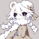  1girl animal_ears bear_ears bear_girl black_sclera braid coat colored_sclera colored_skin funamusea funamusea_(style) fur-trimmed_coat fur_hat fur_trim grey_background hair_between_eyes hashtag_only_commentary hat hat_ribbon highres ice_scream long_sleeves looking_at_viewer no_mouth no_nose official_style ribbon rocma_(ice_scream) sidelocks simple_background solo twin_braids white_eyes white_hair white_skin x_c_om 