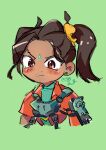  1girl absurdres animification apex_legends aqua_shirt blush brown_eyes brown_hair chest_harness dark-skinned_female dark_skin earrings frown green_background hair_behind_ear harness highres jacket jewelry leaning_forward orange_jacket rampart_(apex_legends) shirt side_ponytail signature sketch solo suru_melon tearing_up 