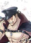  1boy abs bara bare_pectorals black_hair blood blood_from_mouth eye_trail fingernails hat hat_over_one_eye highres jujutsu_kaisen kepi kobikimaru large_pectorals light_trail looking_at_viewer male_focus military_hat muscular muscular_male o-ring o-ring_top pectorals scar scar_across_eye sharp_fingernails short_hair sideburns solo toudou_aoi_(jujutsu_kaisen) upper_body vampire_costume 