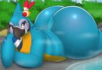 anthro avian beak big_butt blue_body blue_feathers blush breath_of_the_wild bubble_butt butt digital_media_(artwork) feathers girly hi_res huge_butt kass_(tloz) looking_at_viewer lying male nintendo on_front pandashorts rito smile solo tail tail_feathers the_legend_of_zelda wide_hips