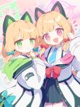  2girls animal_ear_headphones animal_ears anzen_robo_(474zz) black_skirt blonde_hair blue_archive blush closed_mouth collared_shirt cowboy_shot fake_animal_ears green_eyes green_halo halo headphones jacket long_sleeves looking_at_viewer midori_(blue_archive) momoi_(blue_archive) multiple_girls open_mouth pink_halo pleated_skirt red_eyes shirt short_hair siblings sisters skirt smile twins white_jacket white_shirt 