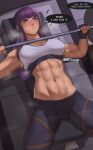  1girl abs barbell english_text exercise fern_(sousou_no_frieren) fingerless_gloves fluffydus gloves gym highres long_hair lying muscular muscular_female on_back patreon_username purple_eyes purple_hair signature solo sousou_no_frieren sweat tank_top toned weightlifting 
