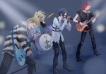  4boys alternate_costume animal_print axel_(kingdom_hearts) band black_footwear black_lips black_pants black_ribbon black_shirt black_wristband blonde_hair blue_background blue_hair boots brown_hair chest_harness closed_eyes commentary_request demyx denim dress_shirt drum drum_set drumming drumsticks facepaint fingerless_gloves full_body fur-trimmed_shirt fur_trim gloves grin guitar hair_over_one_eye hand_up happy harness holding holding_drumsticks holding_guitar holding_instrument holding_microphone instrument jeans kingdom_hearts kingdom_hearts_ii leaning_forward leopard_print lipstick long_hair makeup male_focus medium_hair microphone mukashino multiple_boys music neck_ribbon open_mouth organization_xiii pants playing_guitar playing_instrument red_hair ribbon rock_band roman_numeral shirt short_hair singing sitting smile spiked_hair striped_clothes striped_sweater sweater teardrop_facial_mark teeth thigh_strap tongue tongue_out torn_clothes torn_pants torn_shirt upper_teeth_only vexen zexion 