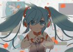  1girl absurdres blue_eyes blue_hair cable confetti dirty dirty_face hatsune_miku headphones headset highres long_hair long_sleeves looking_up microphone microphone_stand multiple_views nail_polish open_mouth sorami twintails very_long_hair vocaloid 