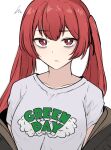 1girl bags_under_eyes bright_pupils clothes_writing commentary fire_emblem fire_emblem_awakening grey_shirt long_hair looking_at_viewer off_shoulder red_eyes red_hair severa_(fire_emblem) shirt simple_background solo tavi_(hosheezus) twintails upper_body very_long_hair white_background white_pupils 