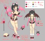  1girl asuka_(senran_kagura) breasts brown_eyes cleavage color_guide concept_art demon_girl demon_horns demon_tail demon_wings elbow_gloves frills from_behind fur_collar gloves grey_background hair_ribbon heart heart_necklace high_heels highres holding_trident horns jewelry large_breasts leotard medium_hair navel necklace official_art open_mouth pink_gloves polearm ribbon senran_kagura senran_kagura_new_link simple_background smile tail thigh_strap translation_request trident twintails two-tone_dress two-tone_footwear two-tone_wings valentine weapon wings 