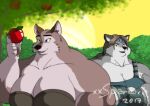 2017 accessory aleu_(balto) anthro apple artist_name balto_(film) big_breasts blue_eyes breasts brown_hair canid canine canis colosa_(xxsparcoxx) crossed_arms digital_media_(artwork) duo female food fruit fur hair headband huge_breasts mammal multicolored_body multicolored_fur muscular muscular_anthro muscular_female open_mouth plant tree two_tone_body two_tone_fur universal_studios wolf xxsparcoxx