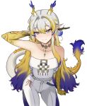  1girl arknights bare_shoulders blonde_hair blue_hair choker cowboy_shot fangs_(fangs_art) horns jewelry long_hair looking_at_viewer necklace pants pointy_ears shu_(arknights) simple_background smile solo standing strapless tube_top very_long_hair white_background white_hair white_pants 