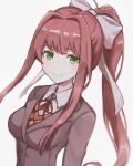  1girl blazer bow brown_hair doki_doki_literature_club green_eyes hair_bow jacket long_hair looking_at_viewer miichinori monika_(doki_doki_literature_club) neck_ribbon ponytail ribbon school_uniform sidelocks simple_background smile solo white_background white_bow 