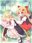  2girls bat_wings black_skirt black_vest blonde_hair blush bow cheek_poking commission dress elis_(touhou) facial_mark flower forest hair_bow hair_flower hair_ornament hairband hand_on_own_cheek hand_on_own_face highres kurumi_(touhou) long_hair long_sleeves multiple_girls nature open_mouth pointy_ears poking puffy_long_sleeves puffy_sleeves purple_eyes red_skirt ribbon shirt skeb_commission skirt sleeping squatting star_(symbol) suspender_skirt suspenders touhou touhou_(pc-98) tree vest white_hairband white_shirt wings yurufuwa_milk 