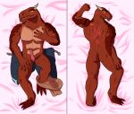  3_toes 4_fingers animal_genitalia animal_humanoid annoyed anthro bedroom_eyes big_muscles blood bodily_fluids broken_horn butt claws clothing dakimakura_design dragon dragon_humanoid duo erection feet fingers front_view frown genital_slit genitals glare half-closed_eyes hi_res horn humanoid illogicaljumble looking_at_viewer lying male multiple_poses muscular narrowed_eyes nude on_back on_front penis pose pupils red_body scar seductive slit slit_pupils smile toes tongue tongue_out 