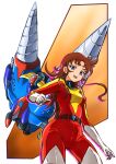  1girl belt blue_eyes bodysuit breasts brown_hair drill_spazer elbow_gloves gloves grendizer highres long_hair looking_at_viewer maria_grace_fleed mazinger_(series) mecha medium_breasts multicolored_bodysuit multicolored_clothes nagai_gou_(style) open_mouth red_bodysuit retro_artstyle robot skin_tight solo standing taiga_hiroyuki ufo_robo_grendizer white_gloves 