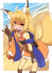 amber_eyes anthro asian_clothing bare_shoulders beach bell_bow biped blonde_hair blush border canid canine clawed_fingers clothing clothing_bow countershade_fur countershading dipstick_ears dress east_asian_clothing female flat_chested fluffy fluffy_tail fox fox_hand_sign fur hair hand_gesture hand_on_leg hand_on_thigh hi_res high-angle_view horokusa0519 japanese_clothing leaning leaning_forward leg_markings long_hair looking_at_viewer mammal markings multicolored_ears obi one_sleeve_top open_mouth orange_clothing orange_dress sand seaside shawl socks_(marking) solo tail water white_body white_fur wide_sleeves yellow_body yellow_fur