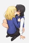  2girls andou_(girls_und_panzer) bc_freedom_school_uniform black_hair black_legwear black_skirt blonde_hair blue_cardigan blue_neckwear blush cardigan closed_eyes collared_shirt commentary_request couple dark_skin dark_skinned_female diagonal-striped_neckwear diagonal_stripes dress_shirt girls_und_panzer grey_background heart kiss kneehighs long_sleeves medium_hair multiple_girls necktie oshida_(girls_und_panzer) pleated_skirt red_neckwear school_uniform seiza shirt simple_background sitting skirt socks striped striped_neckwear sweat sweater_around_neck symbol_commentary tan3charge white_shirt yuri 