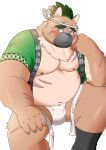  2021 anthro asian_clothing balls_outline belly blush bulge canid canine canis clothing domestic_dog east_asian_clothing fundoshi genital_outline happi_(clothing) hi_res humanoid_hands inunodaidokoro japanese_clothing kemono male mammal moobs nipples overweight overweight_male penis_outline scar sitting solo tokyo_afterschool_summoners underwear video_games yasuyori 