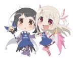  2girls :d animate_(company) apron bare_shoulders black_hair blonde_hair blue_apron blush boots brown_eyes cape chibi commentary_request detached_sleeves dress elbow_gloves fate/kaleid_liner_prisma_illya fate_(series) feather_hair_ornament feathers full_body gloves hair_ornament hairclip holding holding_wand illyasviel_von_einzbern kaleidostick long_hair long_sleeves magical_girl magical_ruby magical_sapphire miyu_edelfelt multiple_girls official_art open_mouth pink_dress pink_footwear pink_sleeves prisma_illya purple_sleeves purple_thighhighs red_eyes simple_background smile thigh_boots thighhighs wand weapon white_background white_cape x_hair_ornament zettai_ryouiki 