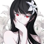  1girl black_hair collarbone commentary covering_own_mouth english_commentary flower hair_flower hair_ornament hand_over_own_mouth highres lily_(flower) long_hair looking_at_viewer mi_xiaoyou original red_eyes solo upper_body white_flower 