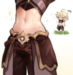  1boy :o aether_(genshin_impact) ahoge arms_up barefoot blonde_hair braid brown_pants brown_shirt btms666 chibi closed_eyes crop_top cropped_shirt english_commentary genshin_impact grass groin hair_between_eyes long_hair lower_body male_focus midriff navel navel_focus open_mouth pants shirt short_sleeves sidelocks simple_background single_braid sleepy sparkle standing stretching white_background zoom_layer 