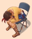  1girl blue_skirt bow_hairband brown_hair chair commentary dark-skinned_female dark_skin english_commentary folding_chair gladiator_sandals gold_choker hairband josie_rizal meme miniskirt red_hairband sandals shinji_in_a_chair_(meme) shirt short_hair sitting skirt sleepy_korok solo tekken tekken_7 toes yellow_shirt 