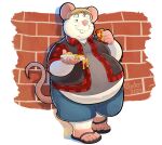 2024 absurd_res anthro belly big_belly bottomwear clothing food footwear fur hat headgear headwear hi_res male mammal mouse murid murine obese obese_male oliverkinter overweight overweight_male pink_nose pizza pizza_slice rodent sandals shirt shorts solo topwear white_body white_fur