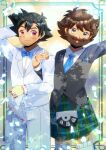  2boys aged_up arm_behind_head arm_up ash_ketchum beard black_hair blue_bow blue_bowtie blue_flower blue_necktie blurry blurry_background bow bowtie brown_hair collared_shirt commentary_request commission depth_of_field dress_shirt facial_hair flower green_eyes grey_jacket jacket kilt kou_hiyoyo locked_arms male_focus multiple_boys mustache necktie original pants plaid pokemon pokemon_(anime) red_eyes shirt skeb_commission standing stubble suit thick_eyebrows thighhighs white_jacket white_pants white_shirt white_thighhighs yaoi 