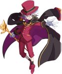  1boy cane cape demon_boy disgaea disgaea_rpg formal full_body glasses gloves hair_between_eyes hat holding holding_cane long_sleeves male_focus mao_(disgaea) official_art pants pointy_ears red_headwear red_pants red_suit smile socks solo suit teeth top_hat transparent_background white_gloves white_hair 
